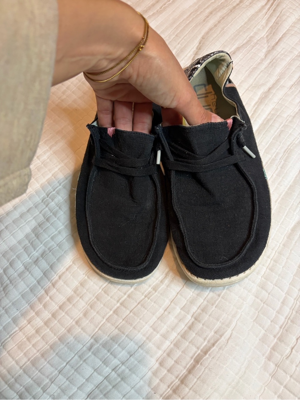 Hey Dude Black Canvas Slip-On Loafers with Pink Heel Tab